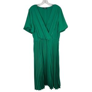 Kelly Green Pleated Dopamine V-Neck Flutter Sleeve Midi Short Sleeve Dress XL